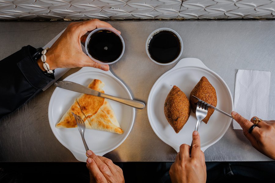 Cold coffee and kibbeh.