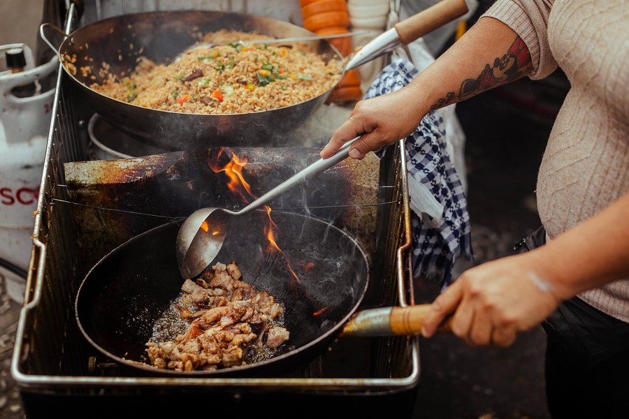 Flaming the wok.