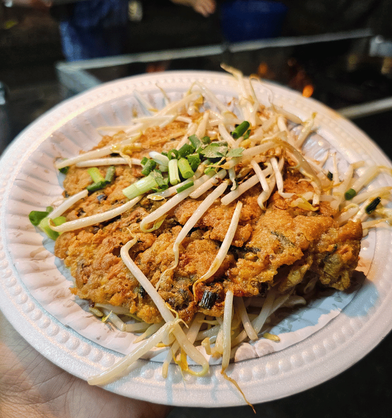 Seafood batter with bean sprouts.