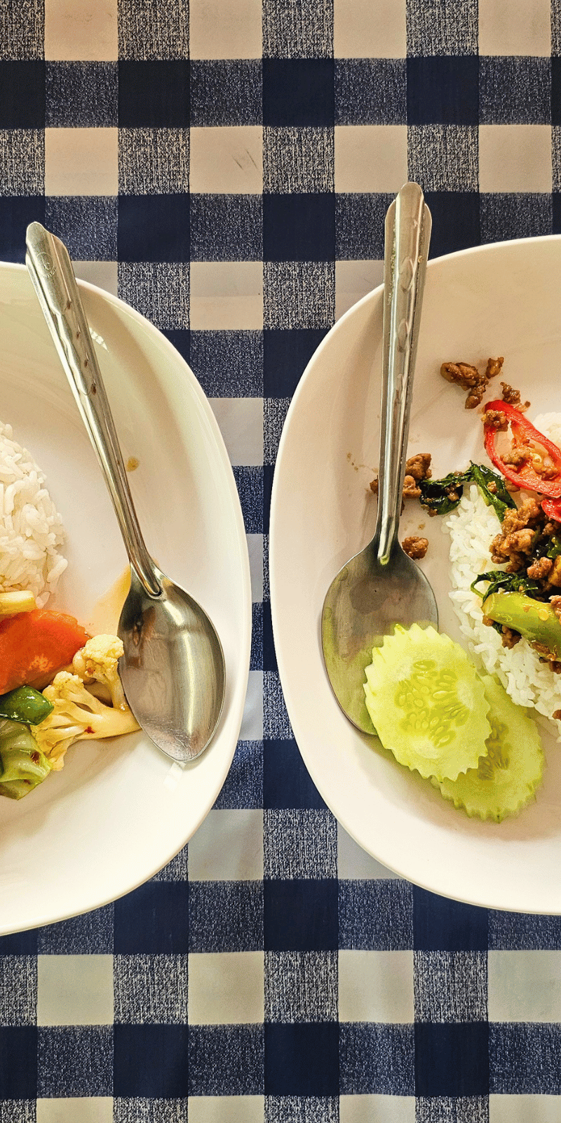 Pad gra pow with steamed rice.