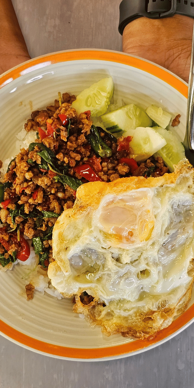 Pad krapow, fried egg.