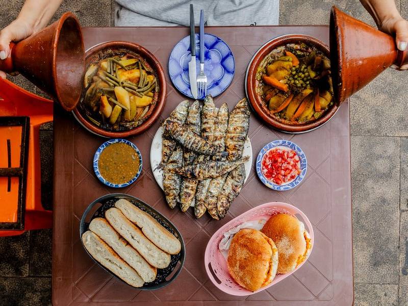 Chicken tagine and grilled sardines.