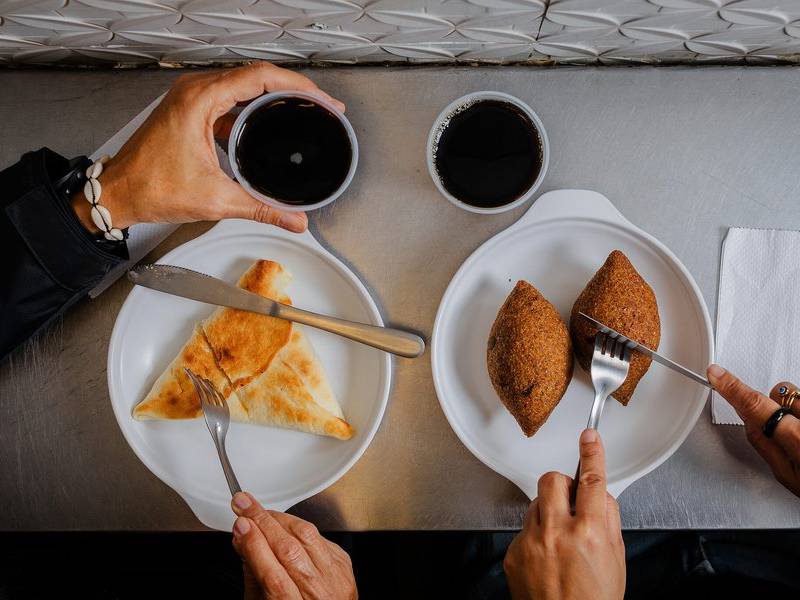 Cold coffee and kibbeh.
