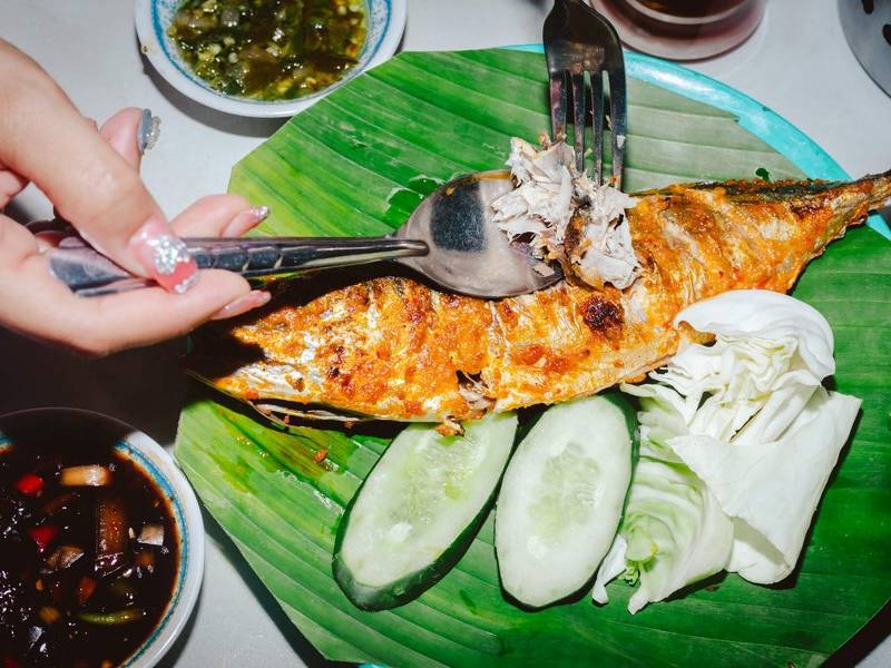 Grilled mackerel with sambal.