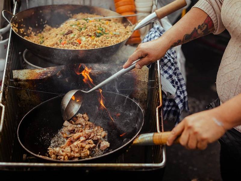 Flaming the wok.