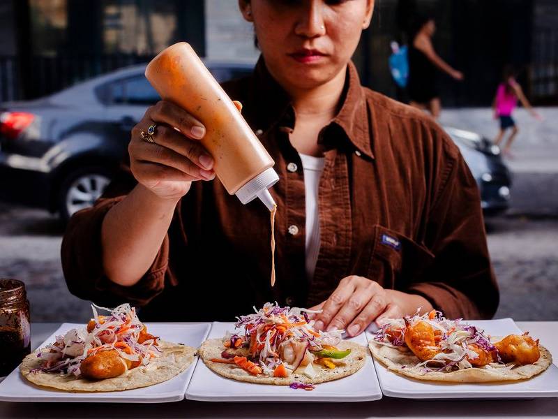 Salsa over fish tacos.