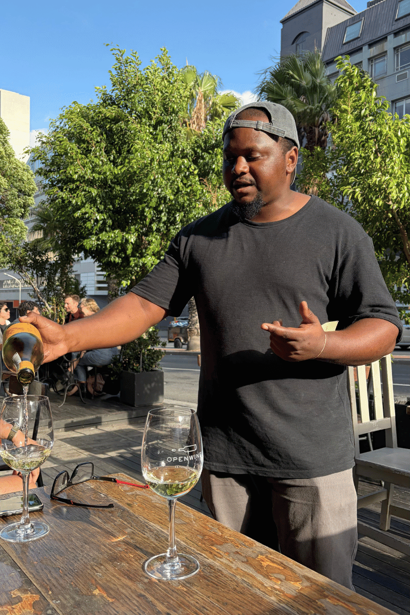 Serving South African wine.